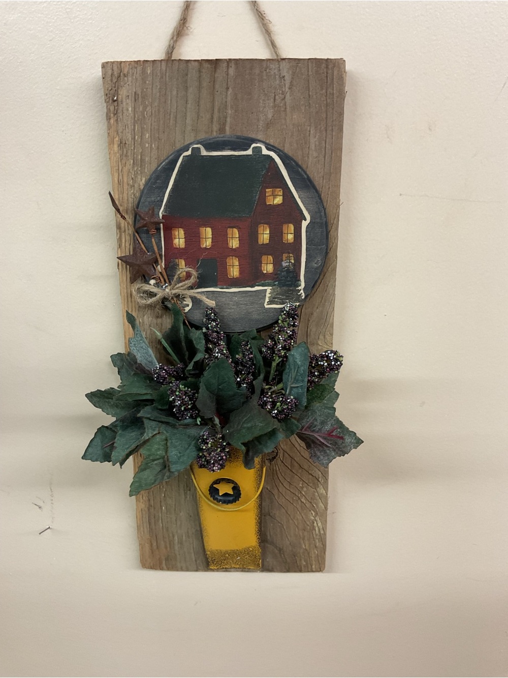 Rustic Wall Pocket with Painted House and Faux Greens - Yellow Accent